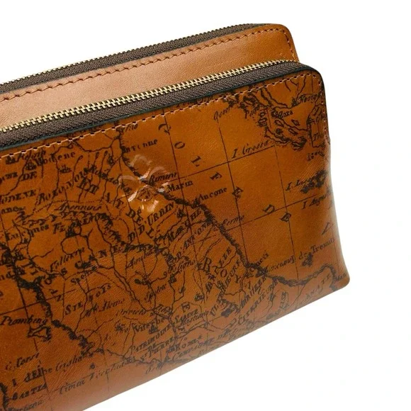 Patricia Nash Varone Fullgrain Leather Wristlet Signature Map Print Brown Clutch - Picture 3 of 15